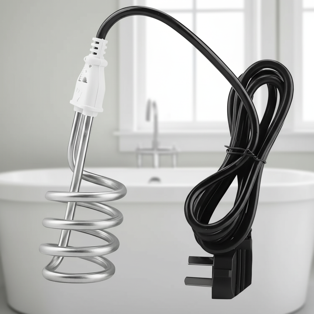 Electric heater element with coiled design and black power cord on a water background